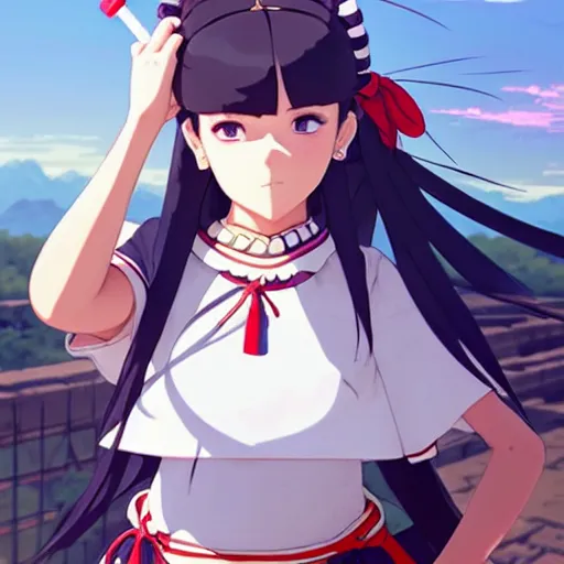 Prompt: a beautiful! plus sized instagram model, wearing catholic school girl outfit with mayan pattern and native style, jrpg aztec street fashion, gapmoe yandere grimdark, trending on pixiv fanbox, painted by greg rutkowski makoto shinkai takashi takeuchi studio ghibli, akihiko yoshida