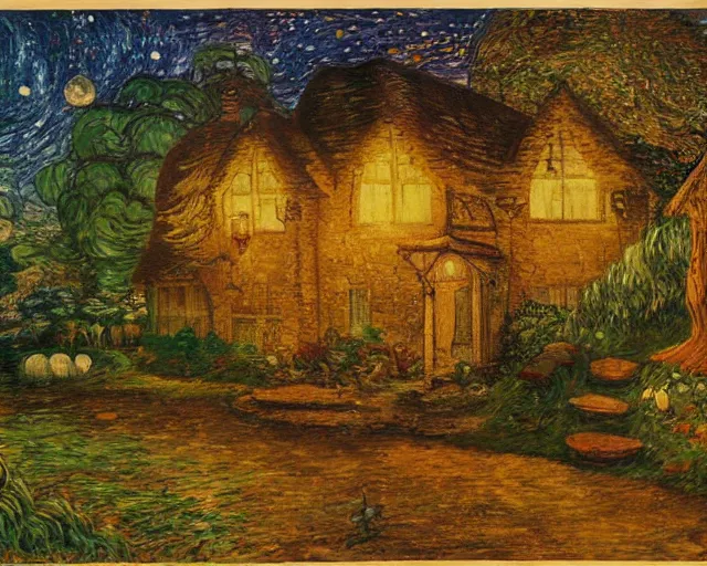 Image similar to mysterious detailed painting of a cozy english cottage in the woods at night, surrounded by giant glowing mushrooms, in the style of studio ghibli and moebius and claude monet and edward hopper and vincent van gogh