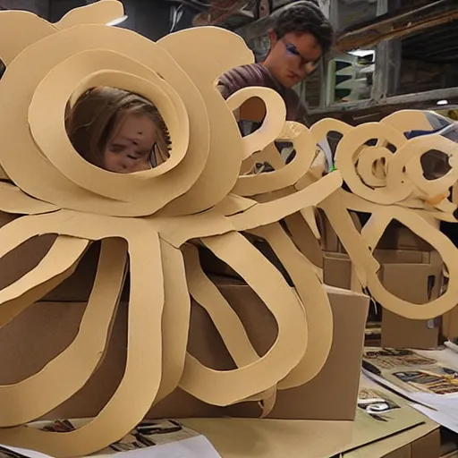 Prompt: many octopus tentacles made of cardboard, cut out of brown corrugated cardboard