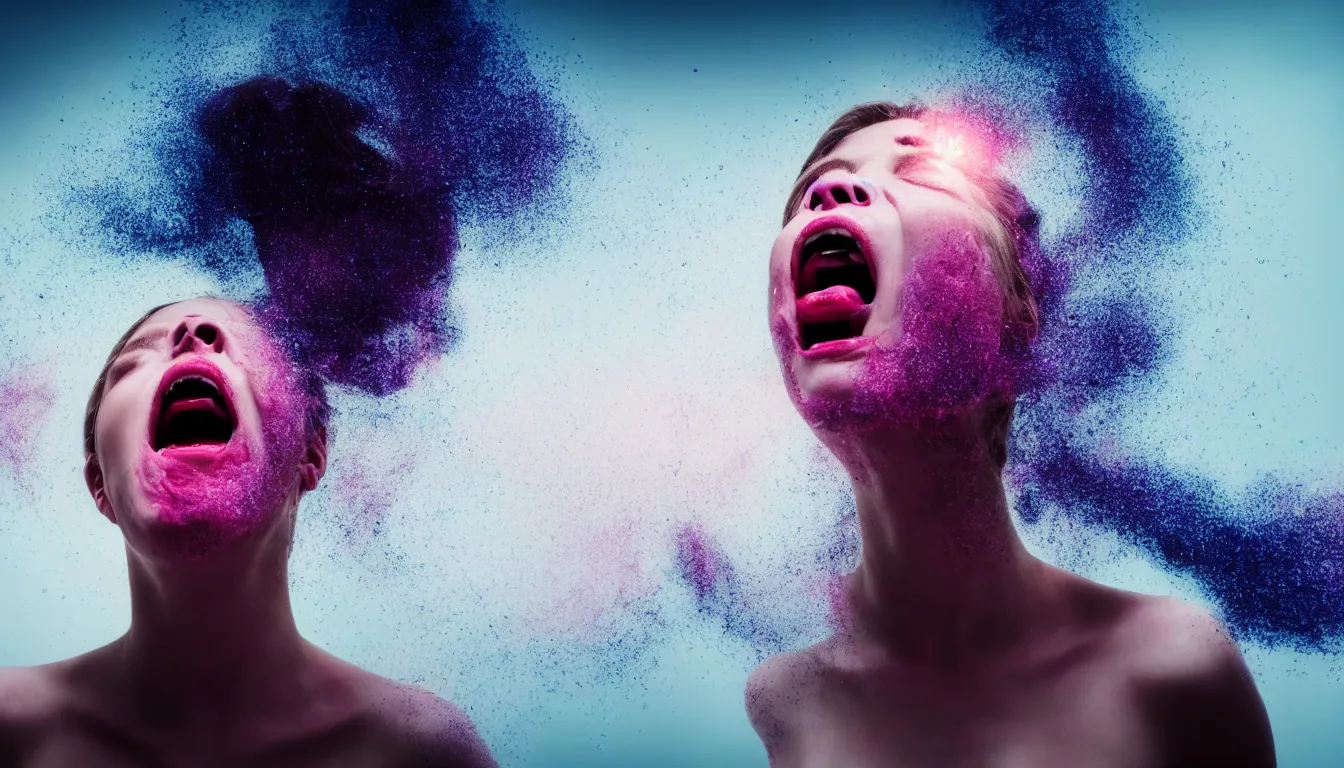 Prompt: humans , feedback loop , burst of powders ,volumetric lighting, twisting vapour, bellowing dust , emerging hands and beautiful woman’s screaming face , full colour , upscale , 4k