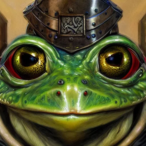 Image similar to frog as a realistic fantasy knight, closeup portrait art by donato giancola and greg rutkowski, realistic face, digital art, trending on artstation, symmetry!!, no helmet