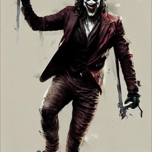 Image similar to jason momoa as joker, full body, dynamic pose, painted by greg rutkowski