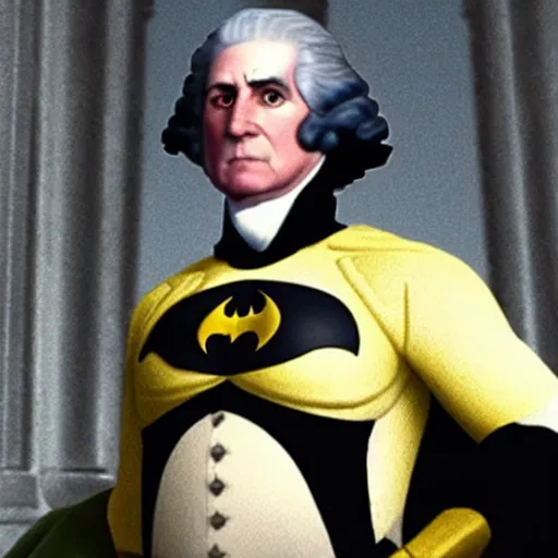 Image similar to still frame from upcoming blockbuster batman film with george washington as batman