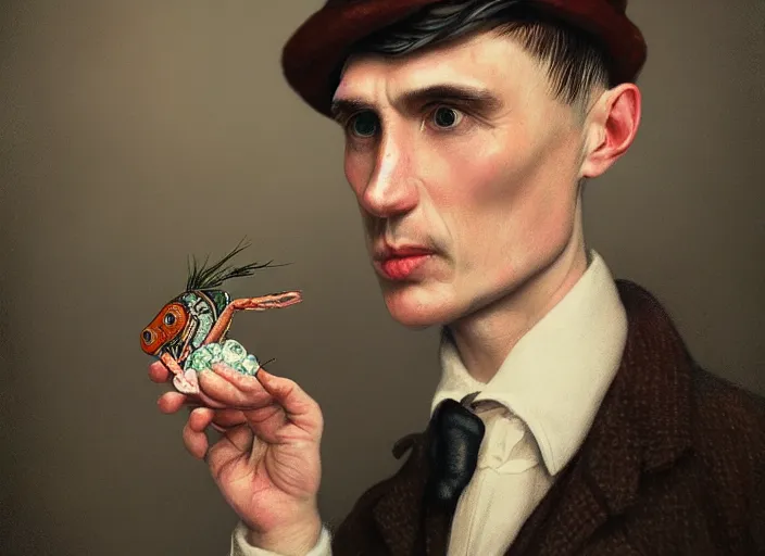 Image similar to thomas shelby with a shrimp on the head, lowbrow, matte painting, 3 - d highly detailed, in the style of mark ryden,