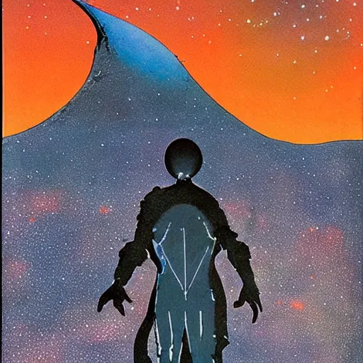 Prompt: 1970s sci-fi comic book art of a silhouette cloaked man standing in the middle of an empty desert, in front of the moon and nebula galaxy stars, beautiful hues of orange, purple and blue, illustrated by Roger Dean