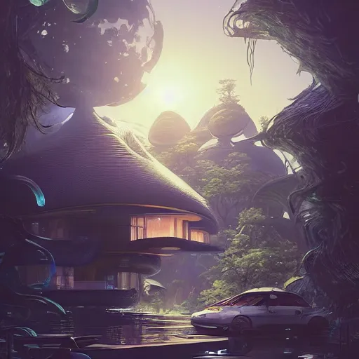 Prompt: highly detailed futuristic house design by kengo kuma, unreal engine, fantasy art by greg rutkowski, loish, rhads, ferdinand knab, makoto shinkai and lois van baarle, ilya kuvshinov, rossdraws, tom bagshaw, global illumination, radiant light, detailed and intricate environment