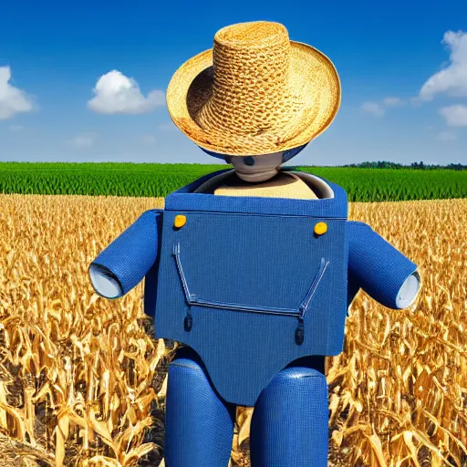 Image similar to a photo of a humanoid robot wearing a straw hat blue overalls in the corn field, photorealistic, 8 k, castle background