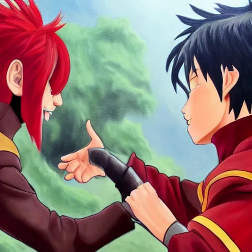 Image similar to oil painting of todoroki shouto meeting prince zuko, jm animation