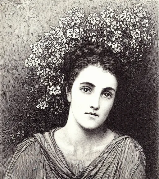 Prompt: black and white, portrait of a woman eyes in flowers, Gustave Dore lithography