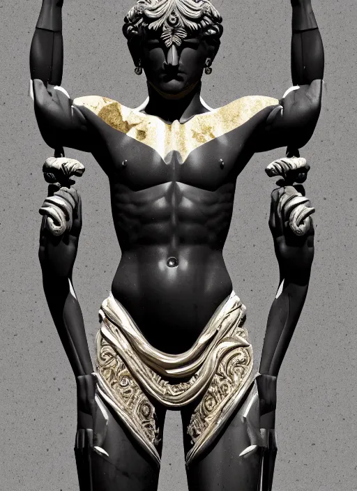 Image similar to stylized onyx black gold lines ornate statue full body made of marble of judas, perfect symmetrical body, perfect symmetrical face, hyper realistic, hyper detailed, by johannen voss, by michelangelo, octane render, blender, 8 k, displayed in bright studio room art deco