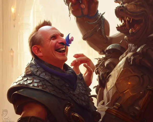 Image similar to david lister laughing at arnold rimmer, deep focus, d & d, fantasy, intricate, elegant, highly detailed, digital painting, artstation, concept art, matte, sharp focus, illustration, hearthstone, art by artgerm and greg rutkowski and alphonse mucha