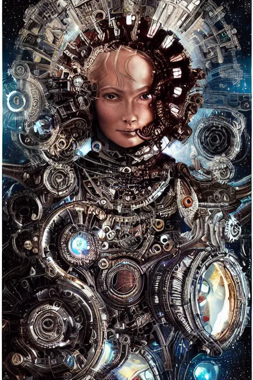 Image similar to a beautiful mechanized feminine android goddess of the quantum realm, westworld, photorealistic, intricate detail, elaborate machinery, clockwork, torn tapestry, swirling smoke, ember particles, regal design, royal relief