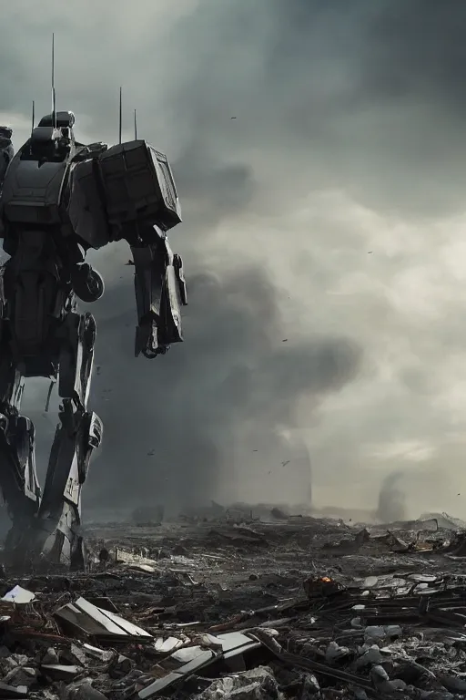 Image similar to vfx film closeup, futuristic giant powerful sci - fi war mech walking out, emerging from smoke and debris in war zone, crumbling buildings, flat color profile low - key lighting award winning photography arri alexa cinematography, hyper real photorealistic cinematic, atmospheric cool colorgrade