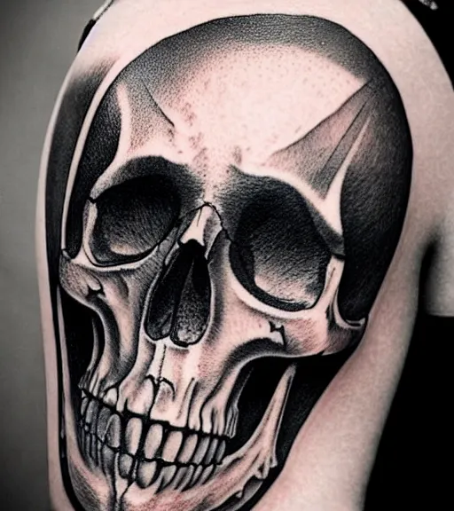 Image similar to a tattoo design with a creative skull, in the style of den yakovlev, hyper realistic, black and white, realism, highly detailed