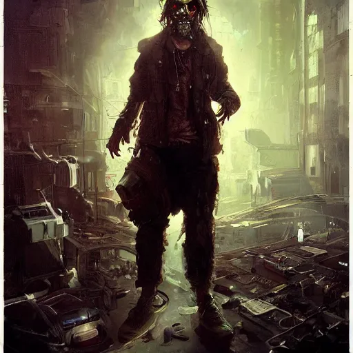 Prompt: henry dorsett case, middleaged shaggy cyborg, heavily augmented, wired, smoker, hacker, cyberpunk, painted by seb mckinnon, high detail, dramatic light, digital art, painted by greg rutkowski, promotional movie posterart, trending on artstation