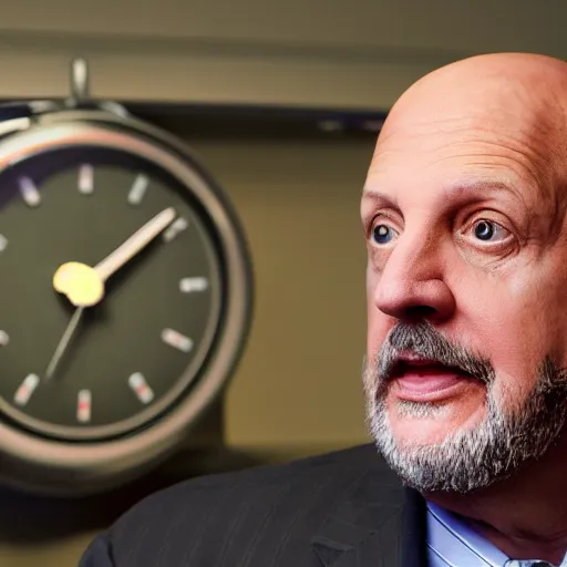 Prompt: Jim Cramer but Cramer's eyes are clocks the clocks are broken he has broken clocks for eyes the hands are falling off and gears are popping out other than that Jim Cramer is normal