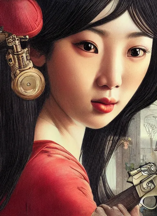 Image similar to beautiful asian girl with a revolver looking into the camera, 2d concept illustration, detailed, intricate, by Tran Nguyen