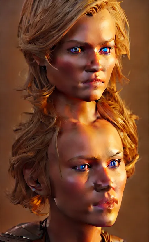 Image similar to full body character art of beautiful female huntress, pretty face, symmetrical features, short blonde hair, by james gurney, volumetric lighting, detailed, oil painting