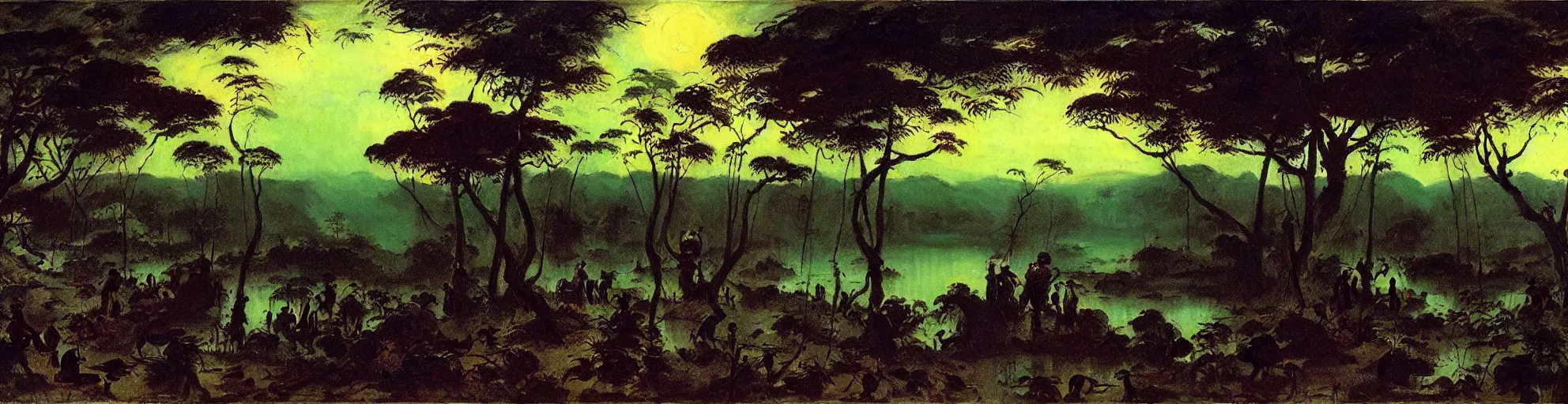 Prompt: panoramic moody jungle of the night on the bloody lake by Frazetta