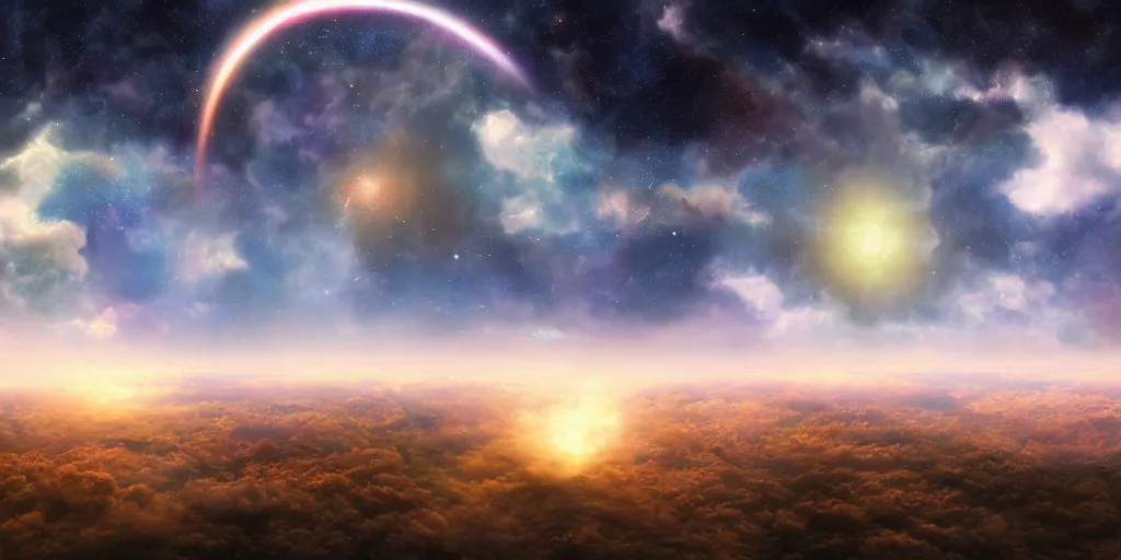 Prompt: Cosmic inflation bubbles peaking through the clouds, ascended master floating in the center emitting rays of consciousness concept art, matte painting, 8k, highly detailed, artstation, fluffy clouds, high quality,