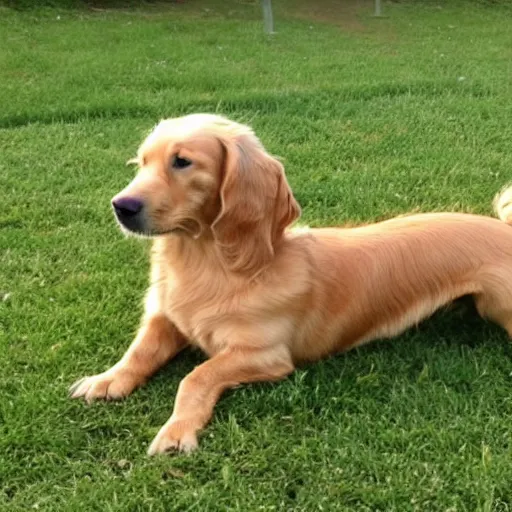 Image similar to a golden retriever in the shape of a dachshund