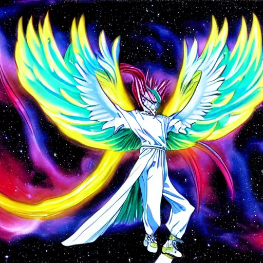 Image similar to a cosmic phoenix, wings spread, soaring through the cosmos by yusuke murata