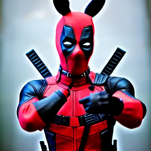 Image similar to deadpool with bunny ears, fully body photo, sharp focus, realistic