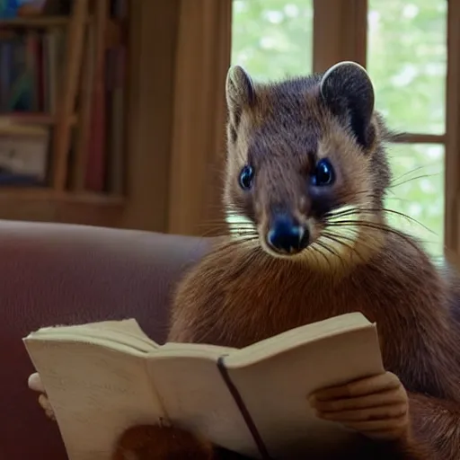 Image similar to A scene from a 2022 Marvel film featuring a humanoid pine marten reading on a couch. An anthropomorphic pine marten wearing a loose white shirt. 8K UHD.