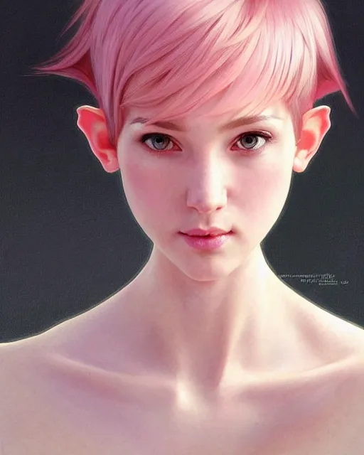 Prompt: portrait of pink short haired half elf with bangs, intricate, elegant, highly detailed, my rendition, digital painting, artstation, concept art, smooth, sharp focus, illustration, art by artgerm and greg rutkowski and alphonse mucha and uang guangjian and gil elvgren and sachin teng and wlop, symmetry!!