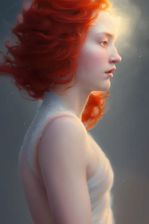 Image similar to portrait of a beautiful nordic woman, curly red hair, wearing a white dress, extremely detailed digital painting, in the style of fenghua zhong and ruan jia and jeremy lipking and peter mohrbacher, mystical colors, rim light, beautiful lighting, 8 k, stunning scene, raytracing, octane, trending on artstation