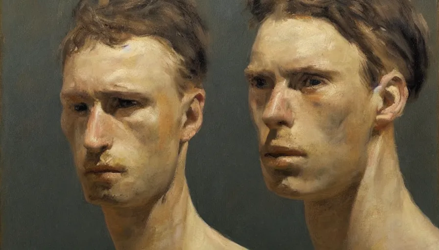 Image similar to painting by borremans, a man looks like mirroring himself, detailed, stunning