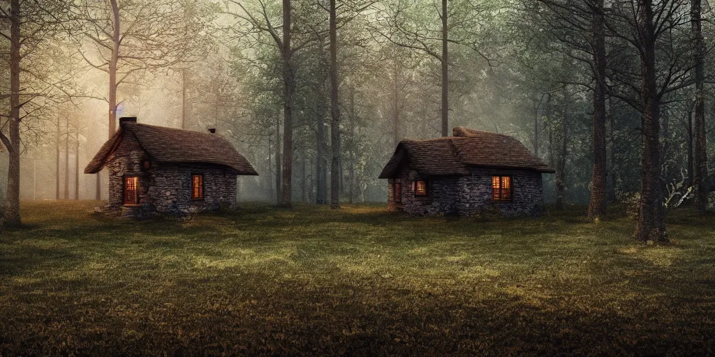 Image similar to solitary cottage in the woods and empty woods, 8k, fantasy, hyper realistic, atmospheric lighting