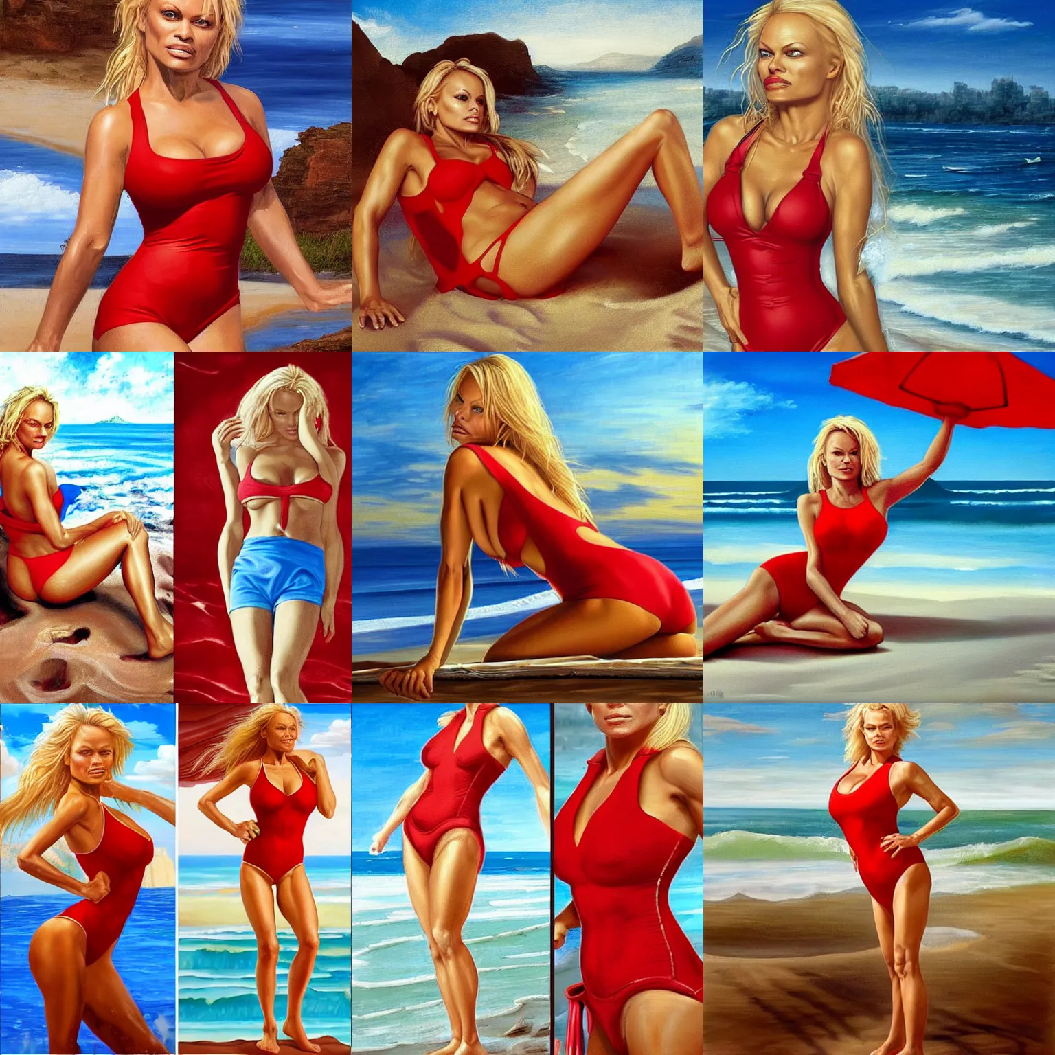 Prompt: pamela anderson in red swimsuit on a beach as a lifeguard, renaissance painting, face by artgerm, highly detailed fine art