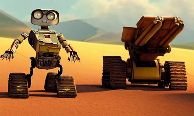 Prompt: full - color cinematic movie still from the 2 0 0 8 pixar animated film wall - e starring johnny 5 the robot from short circuit. high - definition 3 d - rendered animation.