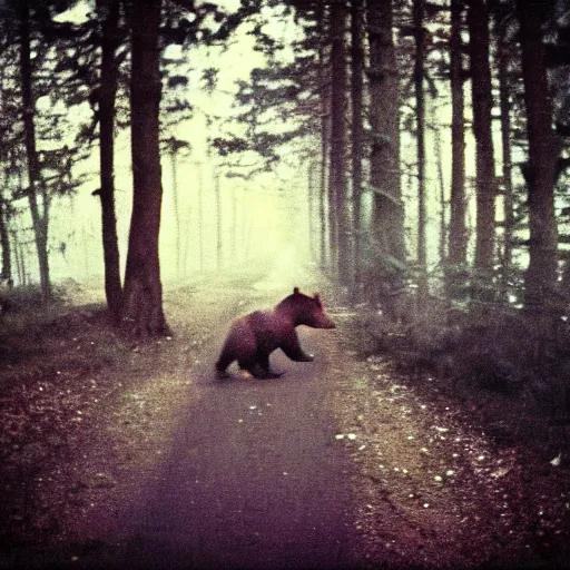 Prompt: dystopian grunge disposable camera photo of bear running towards you | horror | nightmare