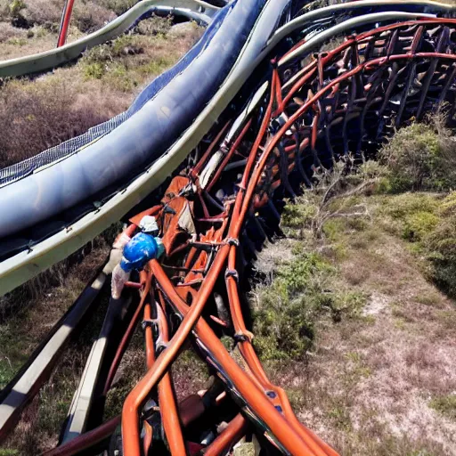 Image similar to go pro still of a rollercoaster with a mangled track up ahead