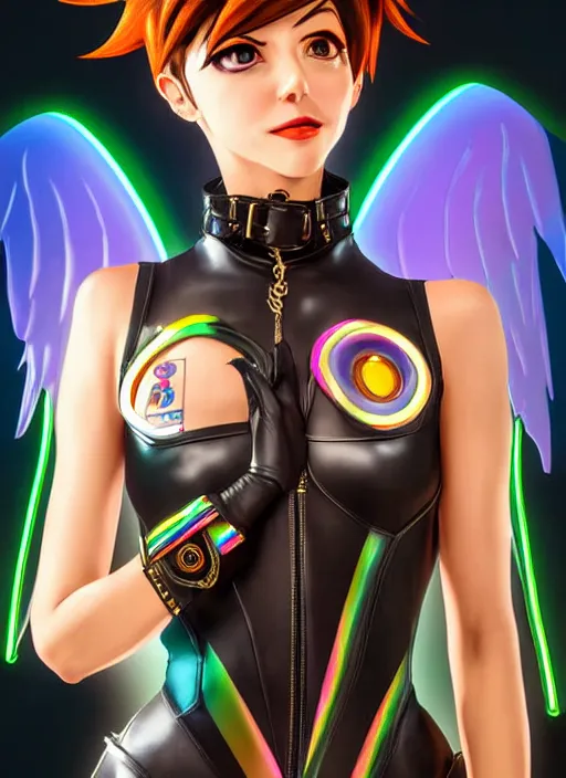 Image similar to portrait bust digital artwork of tracer overwatch, wearing iridescent rainbow latex and leather straps catsuit outfit, expressive happy face, makeup, in style of mark arian, angel wings, wearing detailed leather collar, chains, black leather harness, detailed face and eyes,