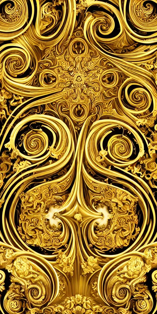 Image similar to the source of future growth dramatic, elaborate emotive Golden Baroque and Rococo styles to emphasise beauty as a transcendental, seamless pattern, symmetrical, large motifs, sistine chapel ceiling, 8k image, supersharp, spirals and swirls, Gold black rainbow and white colors, perfect symmetry, 3D, no blur, sharp focus, photorealistic, insanely detailed and intricate, cinematic lighting, Octane render, epic scene, 8K