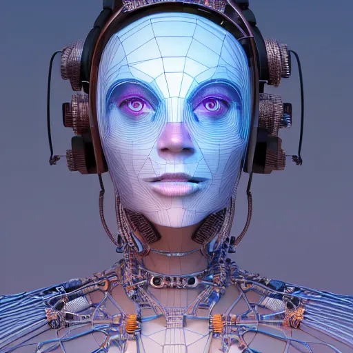 Prompt: a beautiful 3d render of a solarpunk woman wearing technology, full body portrait in the center of the frame, detailed intricate cables and cybernetic body parts, by android jones, octane 3d render, featured on artstation