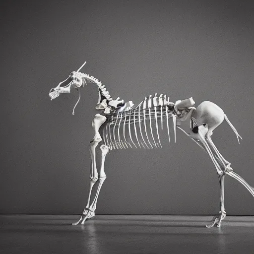 Image similar to an anatomical correct skeleton of a unicorn walking in a black room, photographed by andrew thomas huang