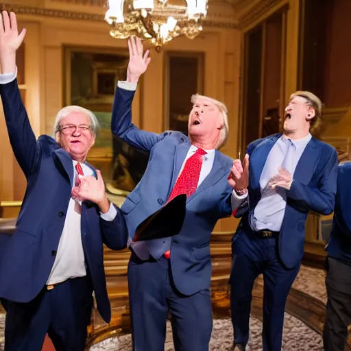 Prompt: United States Senators playing air guitar, Canon EOS R3, f/1.4, ISO 200, 1/160s, 8K, RAW, unedited, symmetrical balance, in-frame