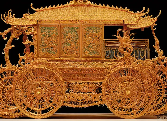 Prompt: A photo-real delicate ornate detailed Kowloon Chariot in front of a intricate background,From the romance of the gods in the Ming Dynasty,by Victo Ngai,James Jean,takato yamamoto,ellen jewett,yuuki morita,Dale Chihuly,Louis Comfort Tiffany,Zigor Samaniego, statue on display,texture,octane renderer,backlit lighting,subsurface scattering, translucent, thin porcelain,physically based rendering,Microscopic details,unreal engine,crystal,Glass,Gradient,Structural,light effect,8k HD,hyper detail,surrealistic,featured on artstation,trending on cgsociety: