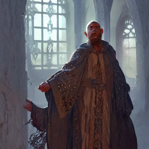 Prompt: highly detailed picture of a man with holes in his robes, religious man wearing clothes with huge rips, destroyed clothes, medieval background, mystic, d & d, fantasy, intricate, elegant, highly detailed, digital painting, artstation, concept art, smooth, sharp focus, illustration, art by artgerm and greg rutkowski and alphonse mucha