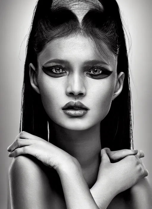 Prompt: stunning portrait of a female model, symmetrical poses, photography by erich caparas, high fashion, avant garde, symmetrical feature. photorealistic, studio, creative portrait