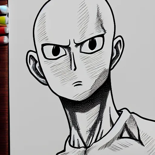 Image similar to highly detailed drawing of Saitama from One Punch Man, drawn in the style of Kentaro Miura, 4k, maximalist