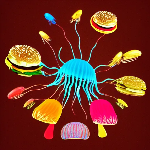 Image similar to hamburger mix jellyfish, cg, 8 k, sharp focus, style by andy warhol