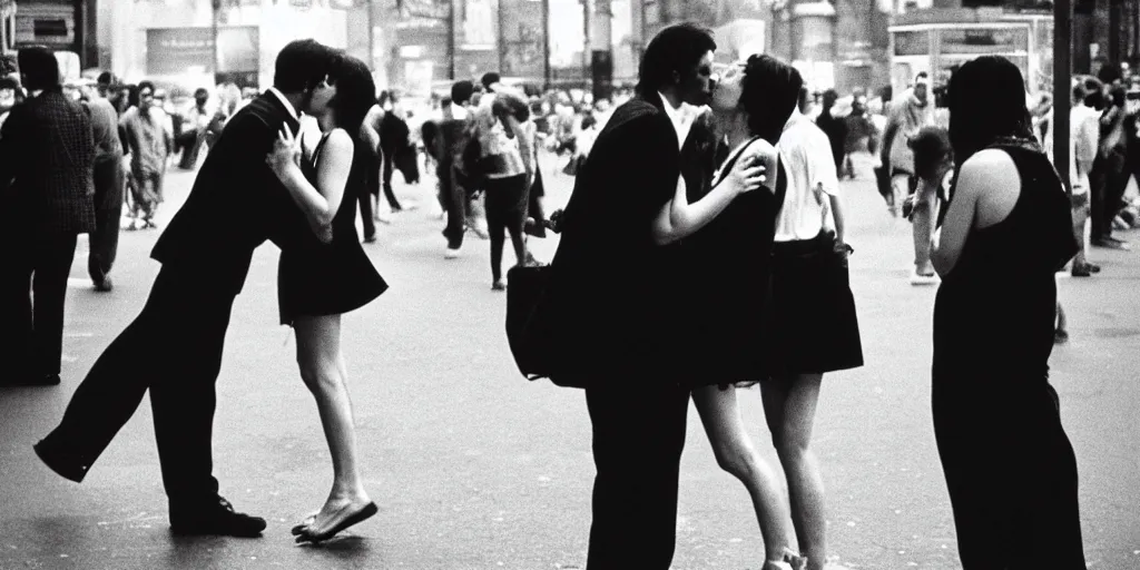 Prompt: street photo, blurred man and woman kissing, protests on the background, film photography, exposed b & w photography, christopher morris photography, bruce davidson photography, peter marlow photography