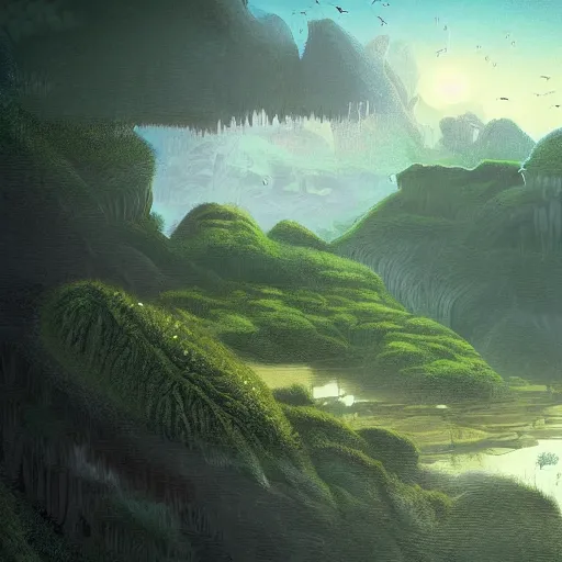 Prompt: detailed digital painting of a lush natural scene on an alien planet by vincent bons. soft intersting colour scheme. grainy. beautiful landscape. weird vegetation. cliffs and water.