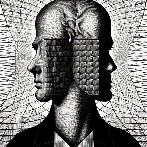 Image similar to grain effect conceptual figurative post - morden monumental portrait made by escher and piranesi, highly conceptual figurative art, intricate detailed illustration, illustration sharp geometrical detail, vector sharp graphic, controversial poster art, polish poster art