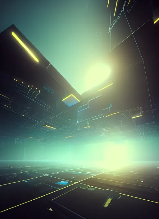 Image similar to abstract data center server, business technology blurred polygonal geometric space, hi tech digital interior, cinematic view, epic sky, detailed, concept art, low angle, high detail, warm lighting, volumetric, godrays, vivid, beautiful, trending on artstation, by jordan grimmer, huge scene, art greg rutkowski